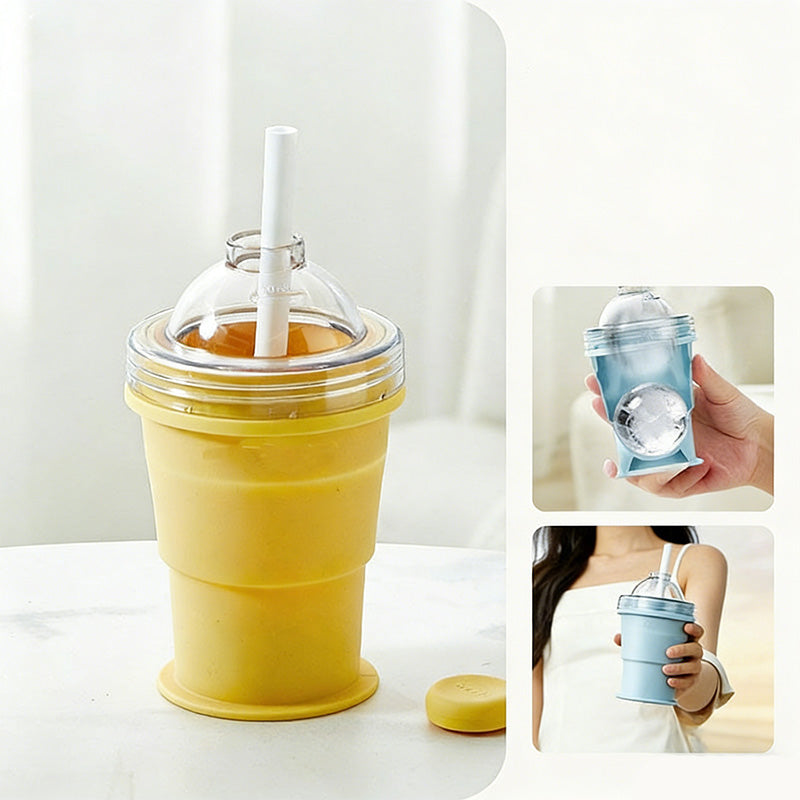 🌞¡Dale un toque fresco a la primavera con un 50 % de descuento!🥤Vaso para hielo plegable de silicona 2 en 1 | Crea bolas de hielo XL para café helado y cócteles | Vaso antiderrame con pajita (sin BPA)