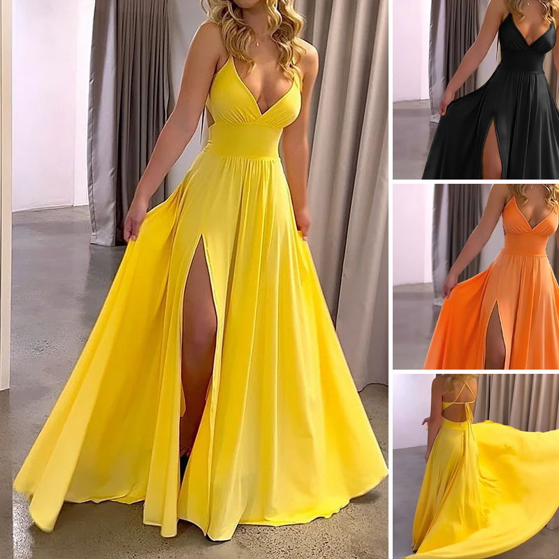 Vestido Maxi de Escote en V, Tirantes Delgados y Abertura Alta
