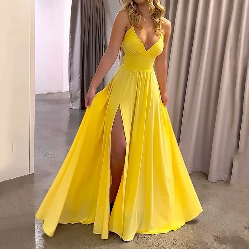 Vestido Maxi de Escote en V, Tirantes Delgados y Abertura Alta
