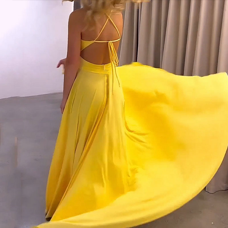 Vestido Maxi de Escote en V, Tirantes Delgados y Abertura Alta