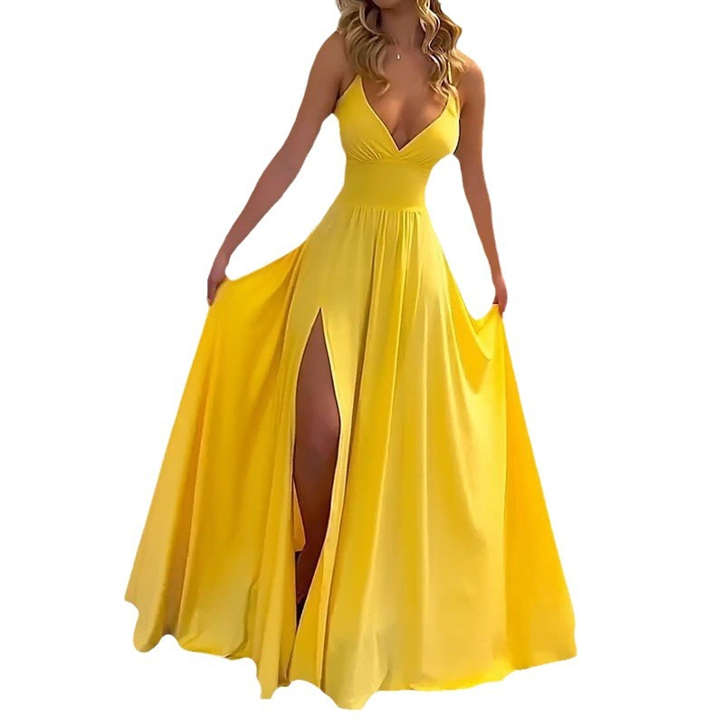 Vestido Maxi de Escote en V, Tirantes Delgados y Abertura Alta