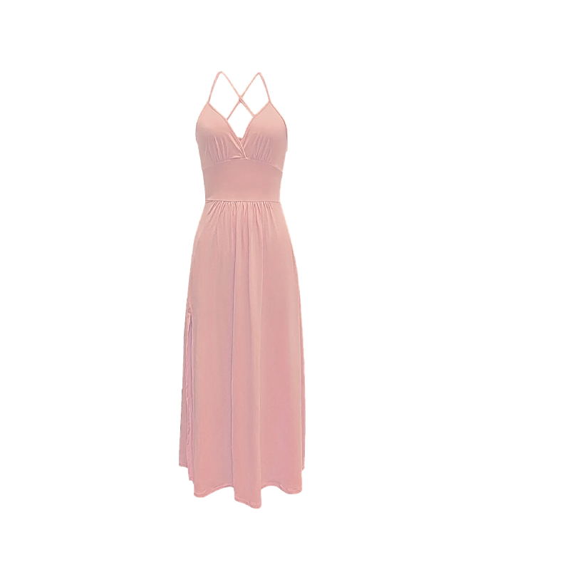 Vestido Maxi de Escote en V, Tirantes Delgados y Abertura Alta