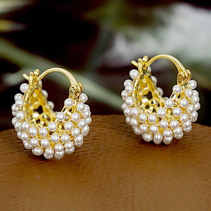 💍Especial Día de las Madres✨ Aretes de Argolla con Perlas de Imitación en Tejido Tipo Canasta – Tono Dorado, Elegancia Clásica 🪀