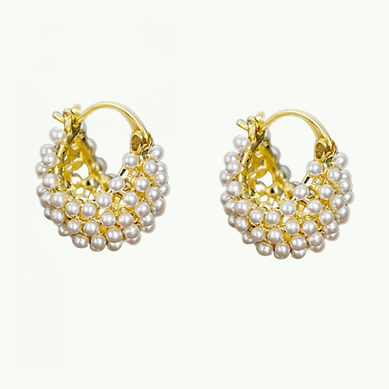 💍Especial Día de las Madres✨ Aretes de Argolla con Perlas de Imitación en Tejido Tipo Canasta – Tono Dorado, Elegancia Clásica 🪀