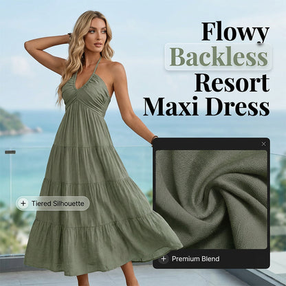 👗 ¡OFERTA DE VERANO 50% DE DESCUENTO! 🌺 Vestido Largo de Mujer Sin Espalda de Cuello Halter con Niveles – Escote en V, Tejido Fluido, Ajuste Seguro y Aire Vacacional ✨
