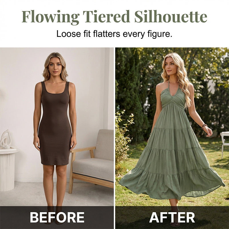 👗 ¡OFERTA DE VERANO 50% DE DESCUENTO! 🌺 Vestido Largo de Mujer Sin Espalda de Cuello Halter con Niveles – Escote en V, Tejido Fluido, Ajuste Seguro y Aire Vacacional ✨