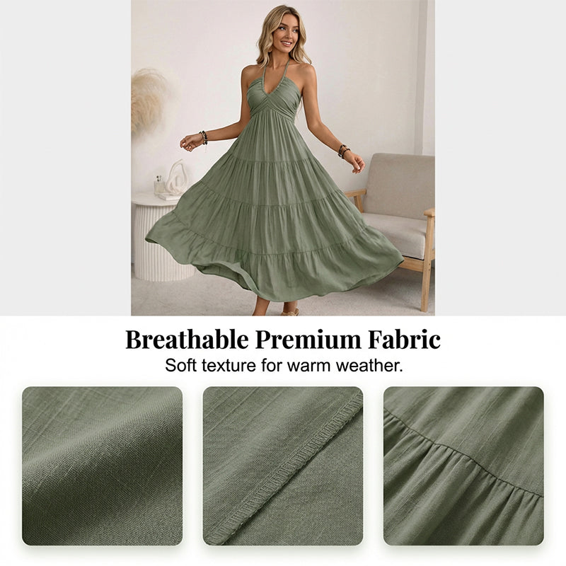 👗 ¡OFERTA DE VERANO 50% DE DESCUENTO! 🌺 Vestido Largo de Mujer Sin Espalda de Cuello Halter con Niveles – Escote en V, Tejido Fluido, Ajuste Seguro y Aire Vacacional ✨