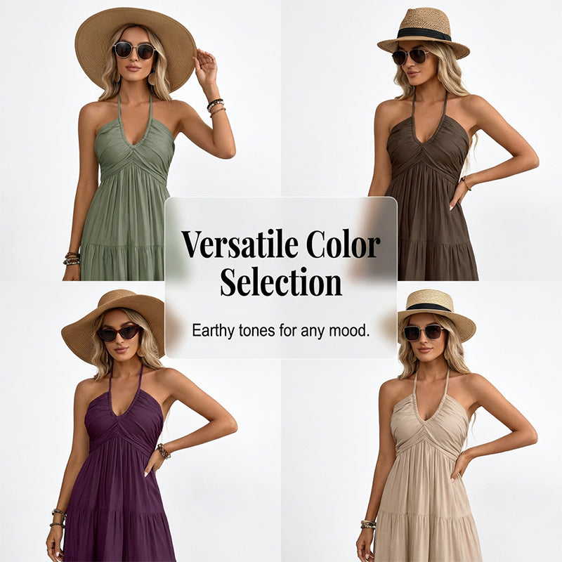 👗 ¡OFERTA DE VERANO 50% DE DESCUENTO! 🌺 Vestido Largo de Mujer Sin Espalda de Cuello Halter con Niveles – Escote en V, Tejido Fluido, Ajuste Seguro y Aire Vacacional ✨