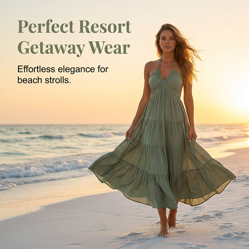 👗 ¡OFERTA DE VERANO 50% DE DESCUENTO! 🌺 Vestido Largo de Mujer Sin Espalda de Cuello Halter con Niveles – Escote en V, Tejido Fluido, Ajuste Seguro y Aire Vacacional ✨