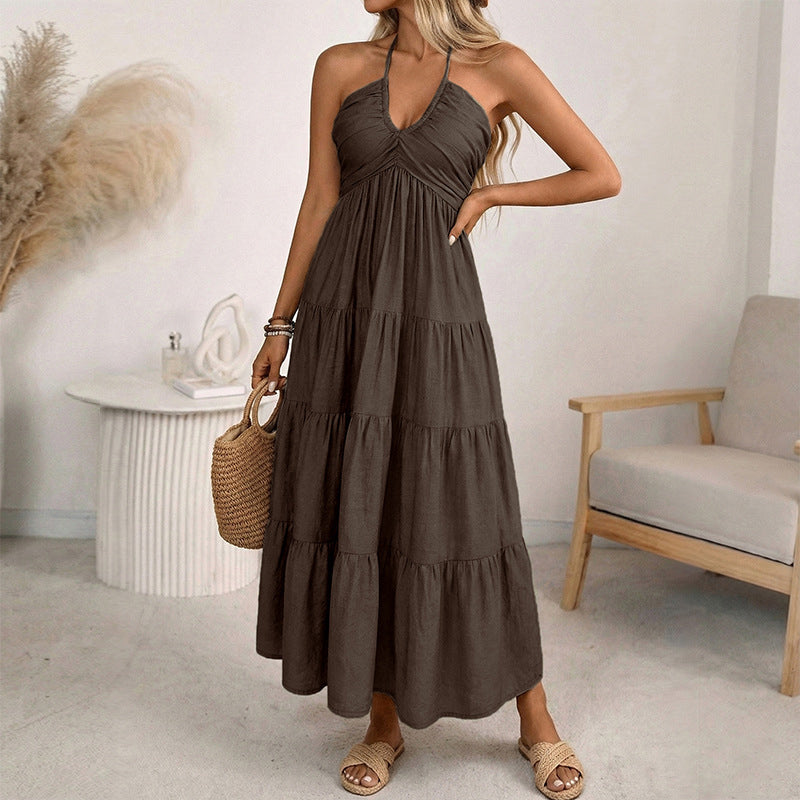 👗 ¡OFERTA DE VERANO 50% DE DESCUENTO! 🌺 Vestido Largo de Mujer Sin Espalda de Cuello Halter con Niveles – Escote en V, Tejido Fluido, Ajuste Seguro y Aire Vacacional ✨