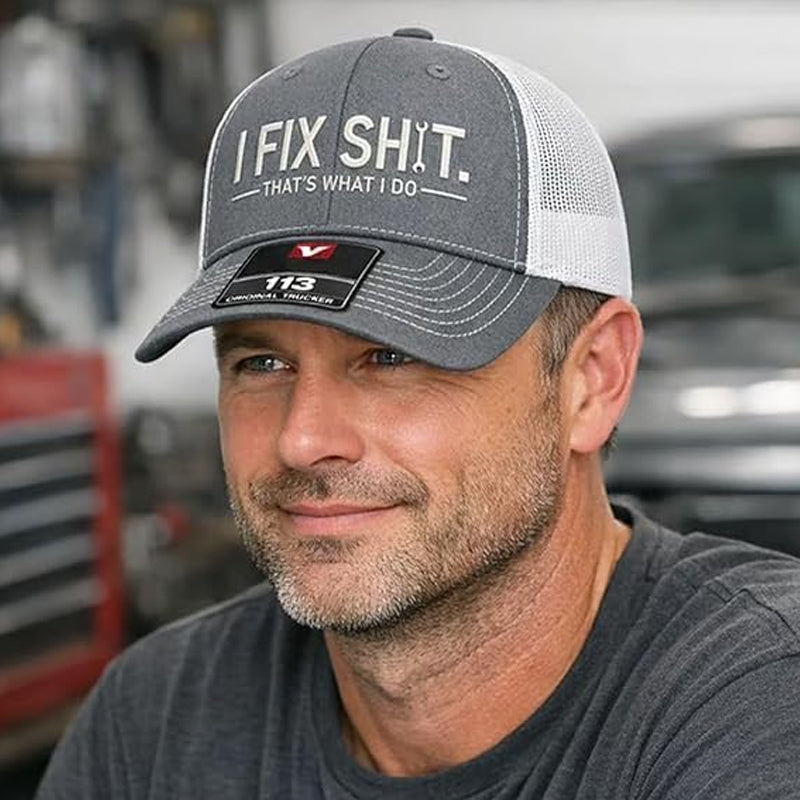 🧢 ¡OFERTA ESPECIAL 50% DE DESCUENTO AHORA! 🔧 Gorra de Camionero Bordada "I Fix Shit" – Diseño de Mecánico, Panel de Malla Transpirable, Mezcla de Algodón y Visera Curva ✨