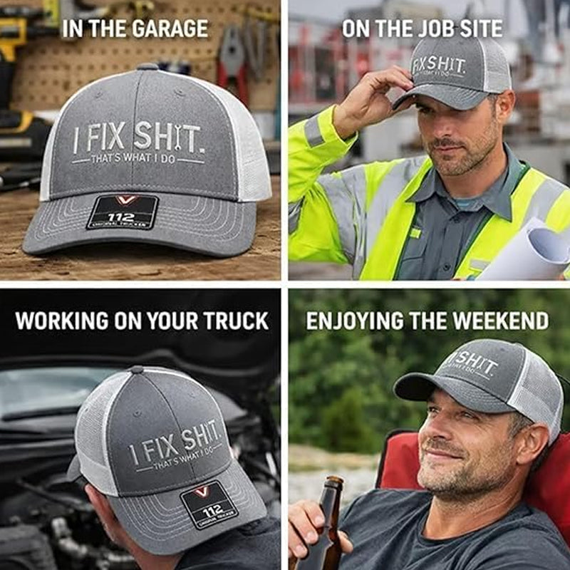🧢 ¡OFERTA ESPECIAL 50% DE DESCUENTO AHORA! 🔧 Gorra de Camionero Bordada "I Fix Shit" – Diseño de Mecánico, Panel de Malla Transpirable, Mezcla de Algodón y Visera Curva ✨