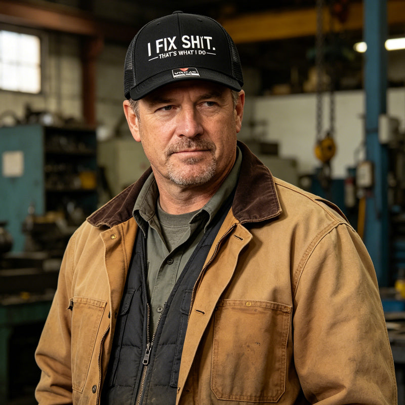 🧢 ¡OFERTA ESPECIAL 50% DE DESCUENTO AHORA! 🔧 Gorra de Camionero Bordada "I Fix Shit" – Diseño de Mecánico, Panel de Malla Transpirable, Mezcla de Algodón y Visera Curva ✨