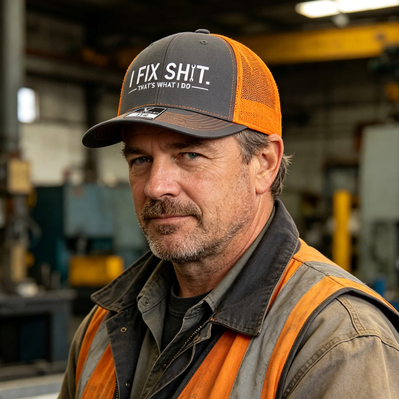 🧢 ¡OFERTA ESPECIAL 50% DE DESCUENTO AHORA! 🔧 Gorra de Camionero Bordada "I Fix Shit" – Diseño de Mecánico, Panel de Malla Transpirable, Mezcla de Algodón y Visera Curva ✨