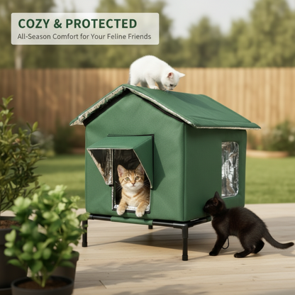 ⏳ ¡50% DE DESCUENTO por tiempo limitado! ⏰ Casa para Gatos Exterior Elevada para Todo Clima – Tela Oxford Impermeable· Forro Térmico de Aluminio y Diseño Plegable 🐈🏠🌧️