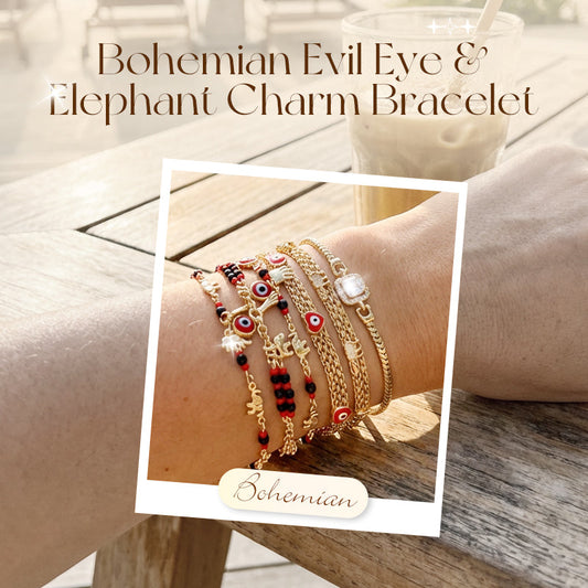 📿 ¡OFERTA POR TIEMPO LIMITADO 50% DE DESCUENTO! 🌀 Pulsera Boho de Ojo Turco y Elefante de la Suerte – Colgantes Simbólicos, Ajuste Ajustable, Acabado Dorado y 7 Estilos ✨