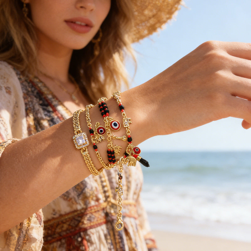 📿 ¡OFERTA POR TIEMPO LIMITADO 50% DE DESCUENTO! 🌀 Pulsera Boho de Ojo Turco y Elefante de la Suerte – Colgantes Simbólicos, Ajuste Ajustable, Acabado Dorado y 7 Estilos ✨