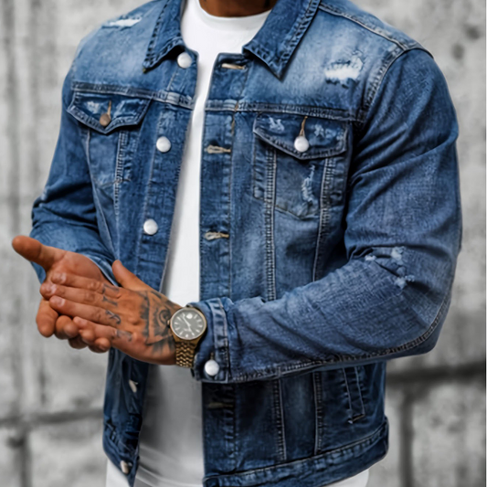 🧥 ¡OFERTA POR TIEMPO LIMITADO 50% DE DESCUENTO! 🍂 Chaqueta de Mezclilla Vintage Desgastada para Hombre – Diseño Atemporal, Detalles Desgastados, Bolsillos Funcionales y Tallas S-XL ✨
