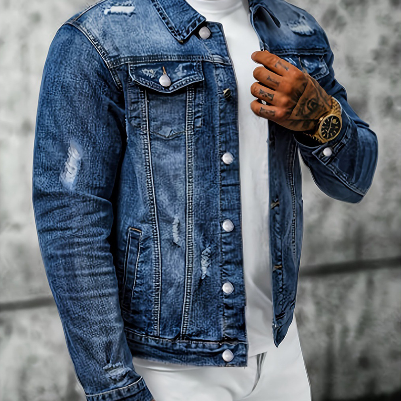 🧥 ¡OFERTA POR TIEMPO LIMITADO 50% DE DESCUENTO! 🍂 Chaqueta de Mezclilla Vintage Desgastada para Hombre – Diseño Atemporal, Detalles Desgastados, Bolsillos Funcionales y Tallas S-XL ✨