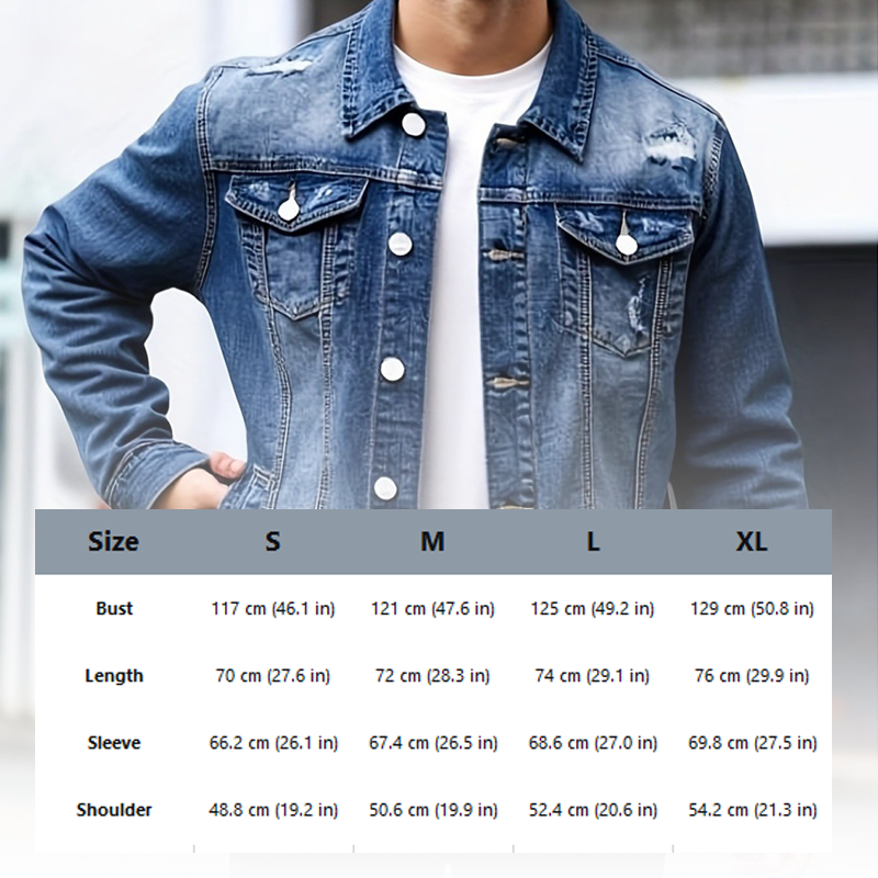 🧥 ¡OFERTA POR TIEMPO LIMITADO 50% DE DESCUENTO! 🍂 Chaqueta de Mezclilla Vintage Desgastada para Hombre – Diseño Atemporal, Detalles Desgastados, Bolsillos Funcionales y Tallas S-XL ✨