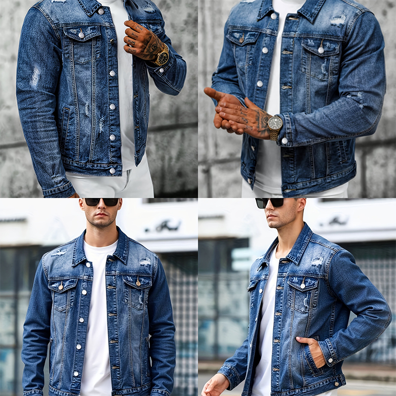 🧥 ¡OFERTA POR TIEMPO LIMITADO 50% DE DESCUENTO! 🍂 Chaqueta de Mezclilla Vintage Desgastada para Hombre – Diseño Atemporal, Detalles Desgastados, Bolsillos Funcionales y Tallas S-XL ✨