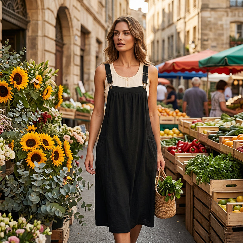 Vestido Overol Midi Holgado Casual con Bolsas Laterales