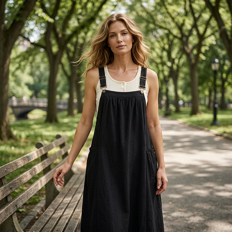 Vestido Overol Midi Holgado Casual con Bolsas Laterales