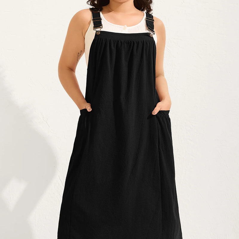 Vestido Overol Midi Holgado Casual con Bolsas Laterales