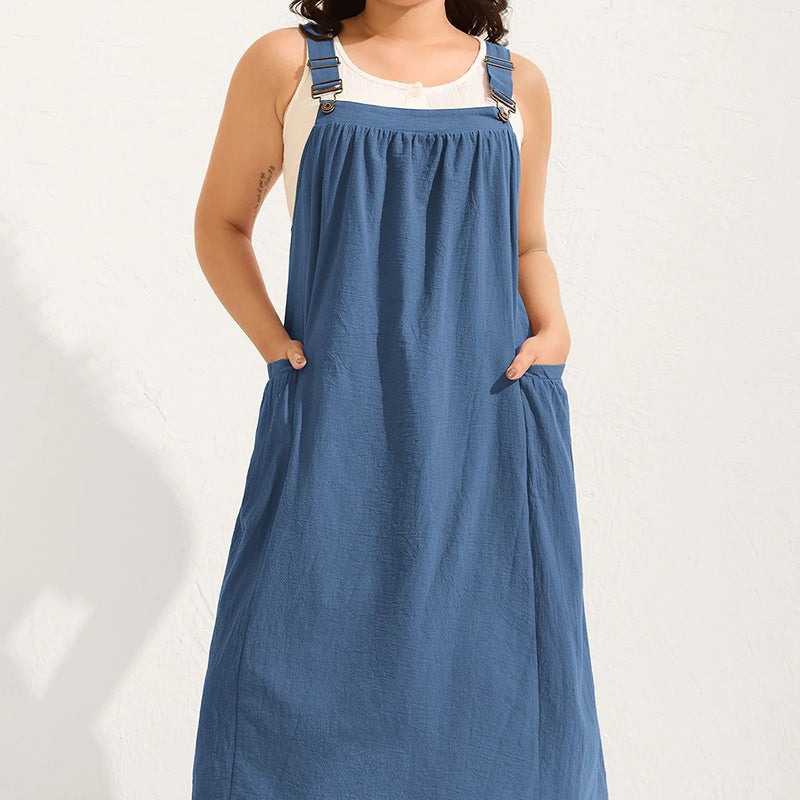 Vestido Overol Midi Holgado Casual con Bolsas Laterales