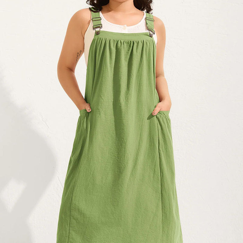 Vestido Overol Midi Holgado Casual con Bolsas Laterales