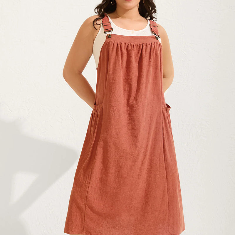 Vestido Overol Midi Holgado Casual con Bolsas Laterales