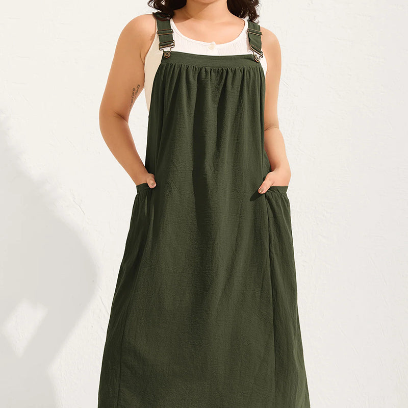 Vestido Overol Midi Holgado Casual con Bolsas Laterales
