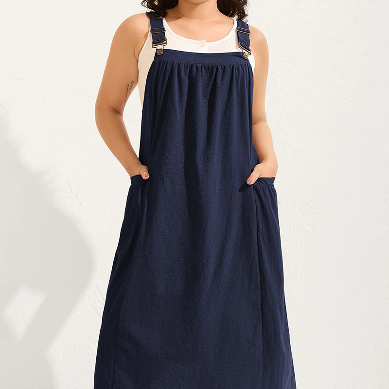 Vestido Overol Midi Holgado Casual con Bolsas Laterales