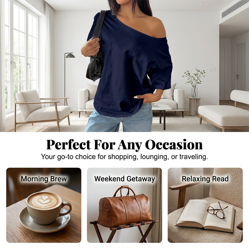 👕 LIMITED-TIME 50% OFF! ✨ Women's Off-Shoulder T-Shirt – Casual, Cotton, Drop Shoulder, Relaxe