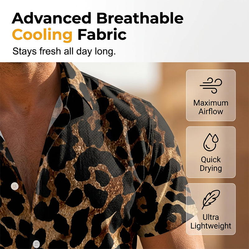 🐆 ¡OFERTA POR TIEMPO LIMITADO 50% DE DESCUENTO! 👔 Camisa Corta de Leopardo para Hombre – Estampado Degradado, Poliéster Ligero ✨