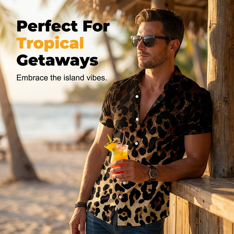 🐆 ¡OFERTA POR TIEMPO LIMITADO 50% DE DESCUENTO! 👔 Camisa Corta de Leopardo para Hombre – Estampado Degradado, Poliéster Ligero ✨
