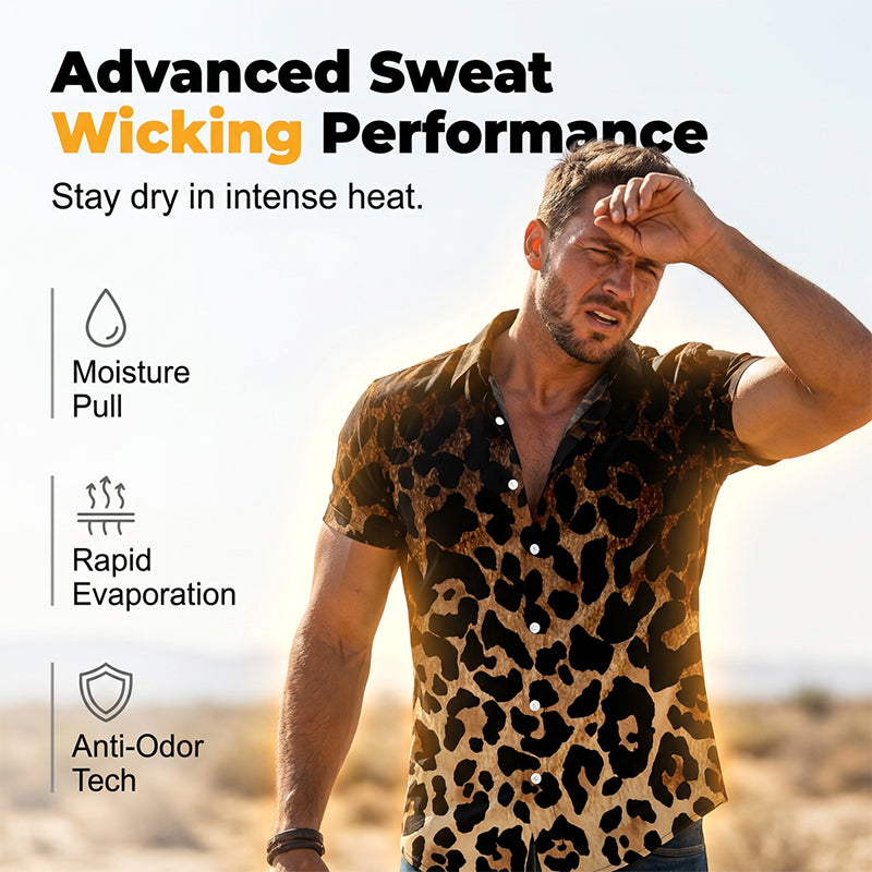 🐆 ¡OFERTA POR TIEMPO LIMITADO 50% DE DESCUENTO! 👔 Camisa Corta de Leopardo para Hombre – Estampado Degradado, Poliéster Ligero ✨