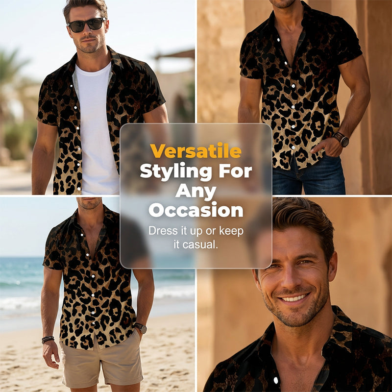 🐆 ¡OFERTA POR TIEMPO LIMITADO 50% DE DESCUENTO! 👔 Camisa Corta de Leopardo para Hombre – Estampado Degradado, Poliéster Ligero ✨