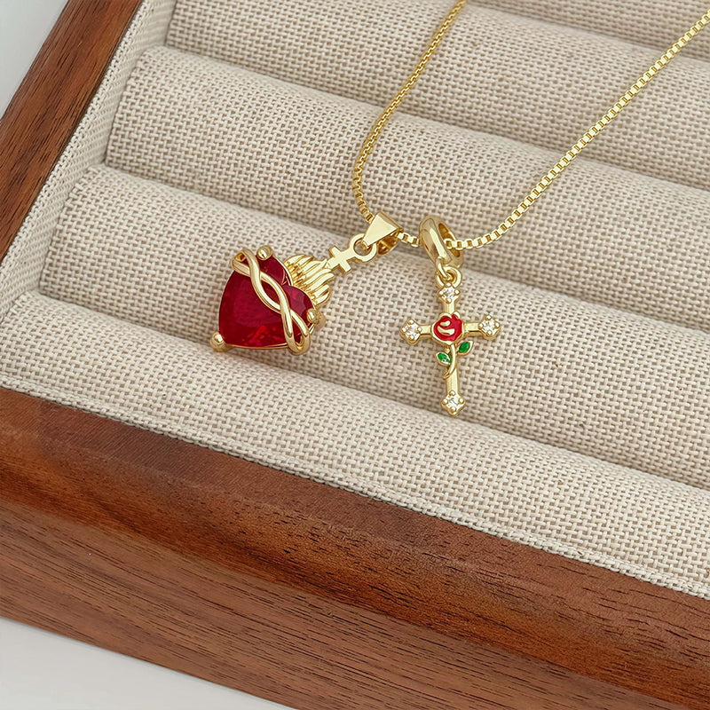 💟Collar colgante del Sagrado Corazón y la Cruz de la Rosa