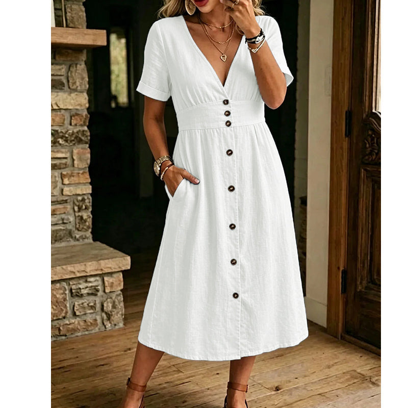 🌸 Elegancia veraniega sin esfuerzo: vestido de verano con cuello en V y botones para mujer☀️