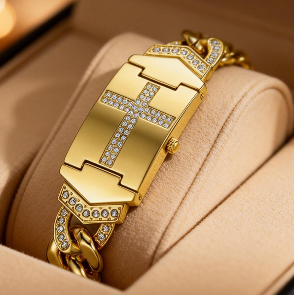 Regalo del Día de la Madre Summervibes, Reloj con Cristales Brillantes y Cruz, Esfera Rectangular Geométrica, Pulsera de Metal Premium, Perfecto para la Elegancia Diaria y Regalos