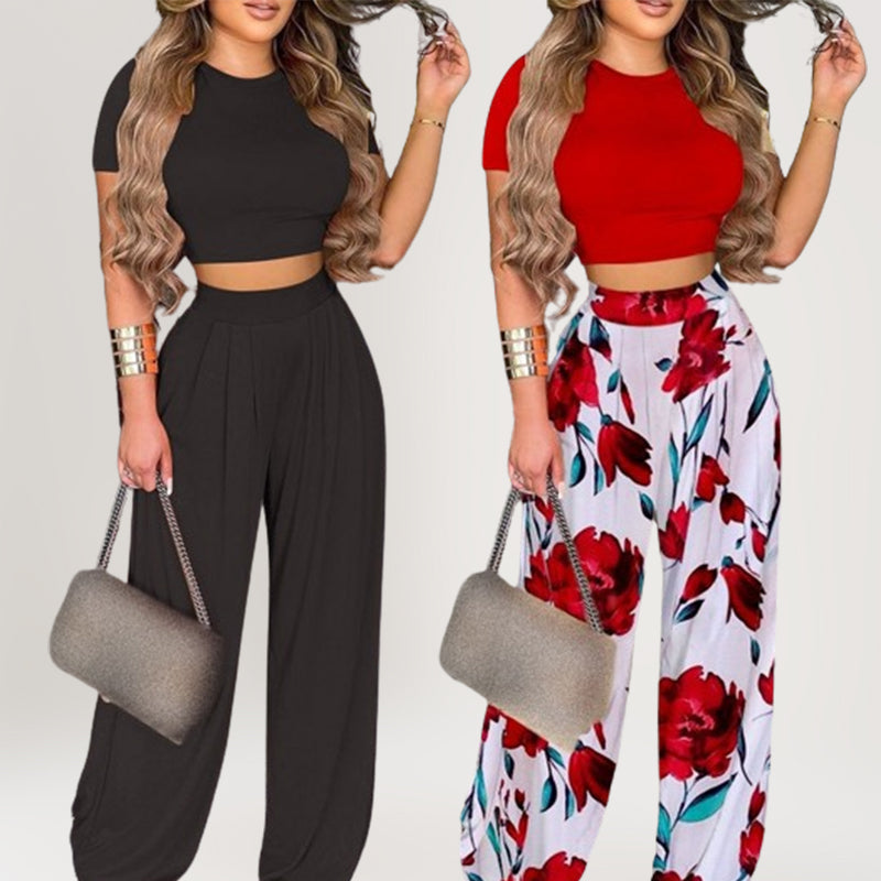 Women's Two-Piece Fitted Short Sleeve T-Shirt & Loose Pants Set 🌿 Fitted Top & Relaxed Trousers – Comfy Enough for Home, Stylish Enough for Out ✨
