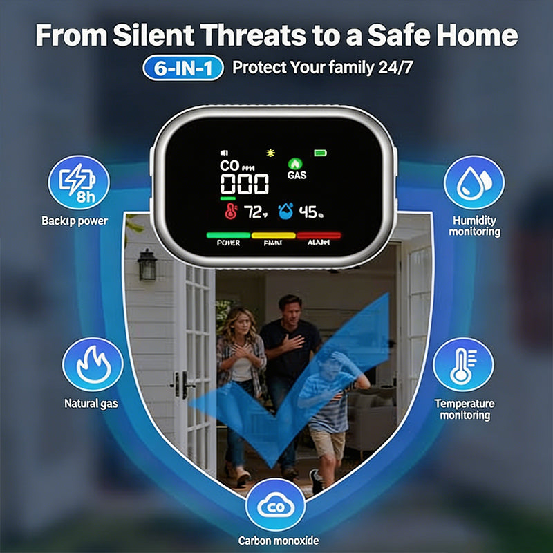 🔥 ¡OFERTA 50% OFF! 🏠🚨 Detector Multigás 6 en 1 con Pantalla LCD – Protección Inteligente Contra CO, Gas, Humo y Riesgos del Hogar ⚡🛡️