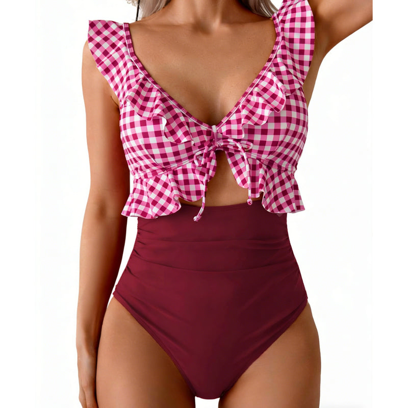 Traje de Baño de Una Pieza con Cuello en V y Volantes para Mujer
