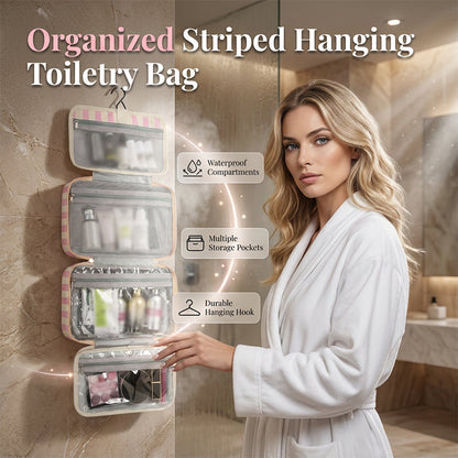 🧳 ¡50% OFF POR TIEMPO LIMITADO! ✨ Neceser de Viaje Colgante con Rayas – 4 Compartimentos, Resistente al Agua, Plegable 🚿