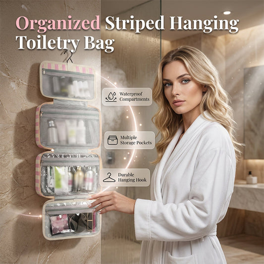 🧳 ¡50% OFF POR TIEMPO LIMITADO! ✨ Neceser de Viaje Colgante con Rayas – 4 Compartimentos, Resistente al Agua, Plegable 🚿
