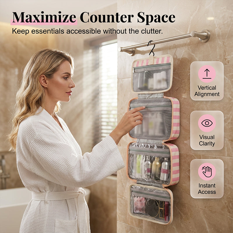 🧳 ¡50% OFF POR TIEMPO LIMITADO! ✨ Neceser de Viaje Colgante con Rayas – 4 Compartimentos, Resistente al Agua, Plegable 🚿