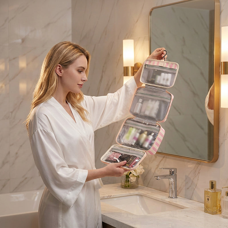 🧳 ¡50% OFF POR TIEMPO LIMITADO! ✨ Neceser de Viaje Colgante con Rayas – 4 Compartimentos, Resistente al Agua, Plegable 🚿