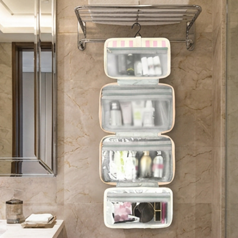 🧳 ¡50% OFF POR TIEMPO LIMITADO! ✨ Neceser de Viaje Colgante con Rayas – 4 Compartimentos, Resistente al Agua, Plegable 🚿