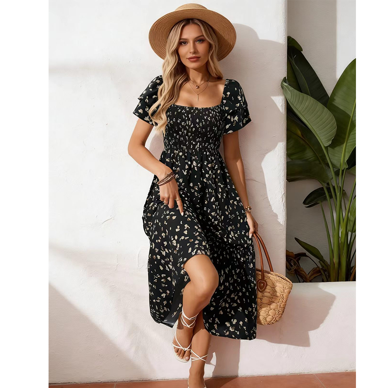 🌈2026 Summer Hot Sale 50% OFF!✨Square Neck Floral Midi Dress – Smocked Bodice, Flowy Tiered Skirt, Romantic🌸